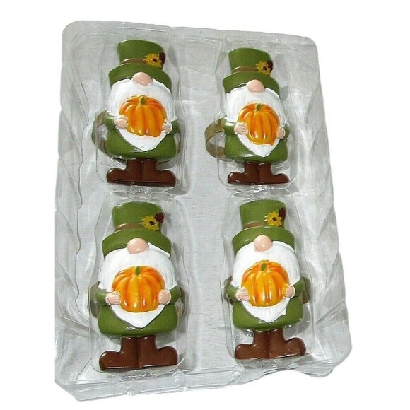 Thanksgiving Pilgrim Gnome Pumpkin Harvest Set Of 4 Fall Whimsy Napkin Rings - Picture 3 of 6